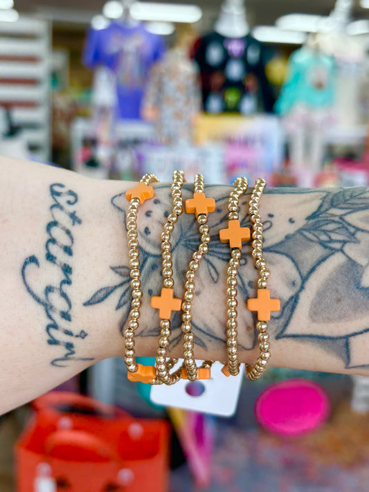KK Gold Beaded Orange Cross Accent Bracelet Set
