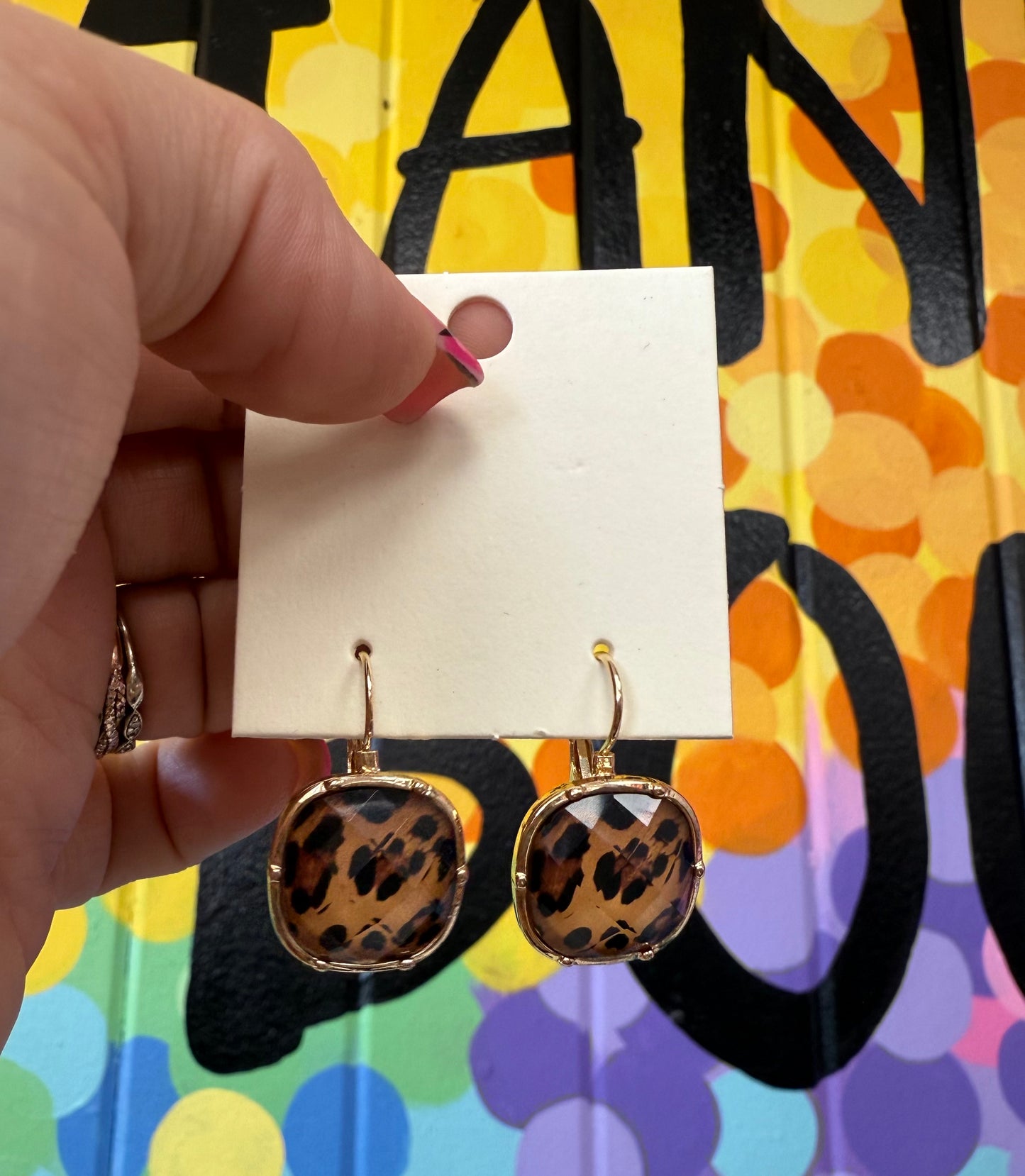 Gold Leopard Square Stone Earrings