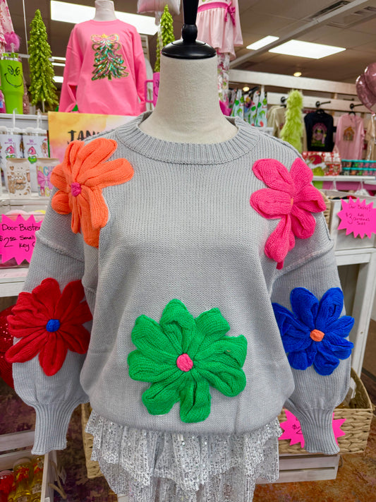 Women’s Grey Appliqué Floral Sweater