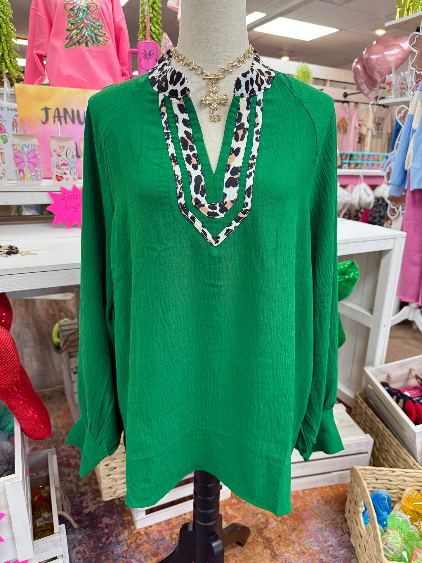 Women’s Plus Leopard Trim Green Blouse