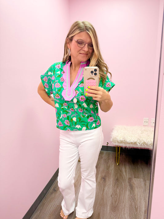 Women’s Entro Green & Pink Floral Top