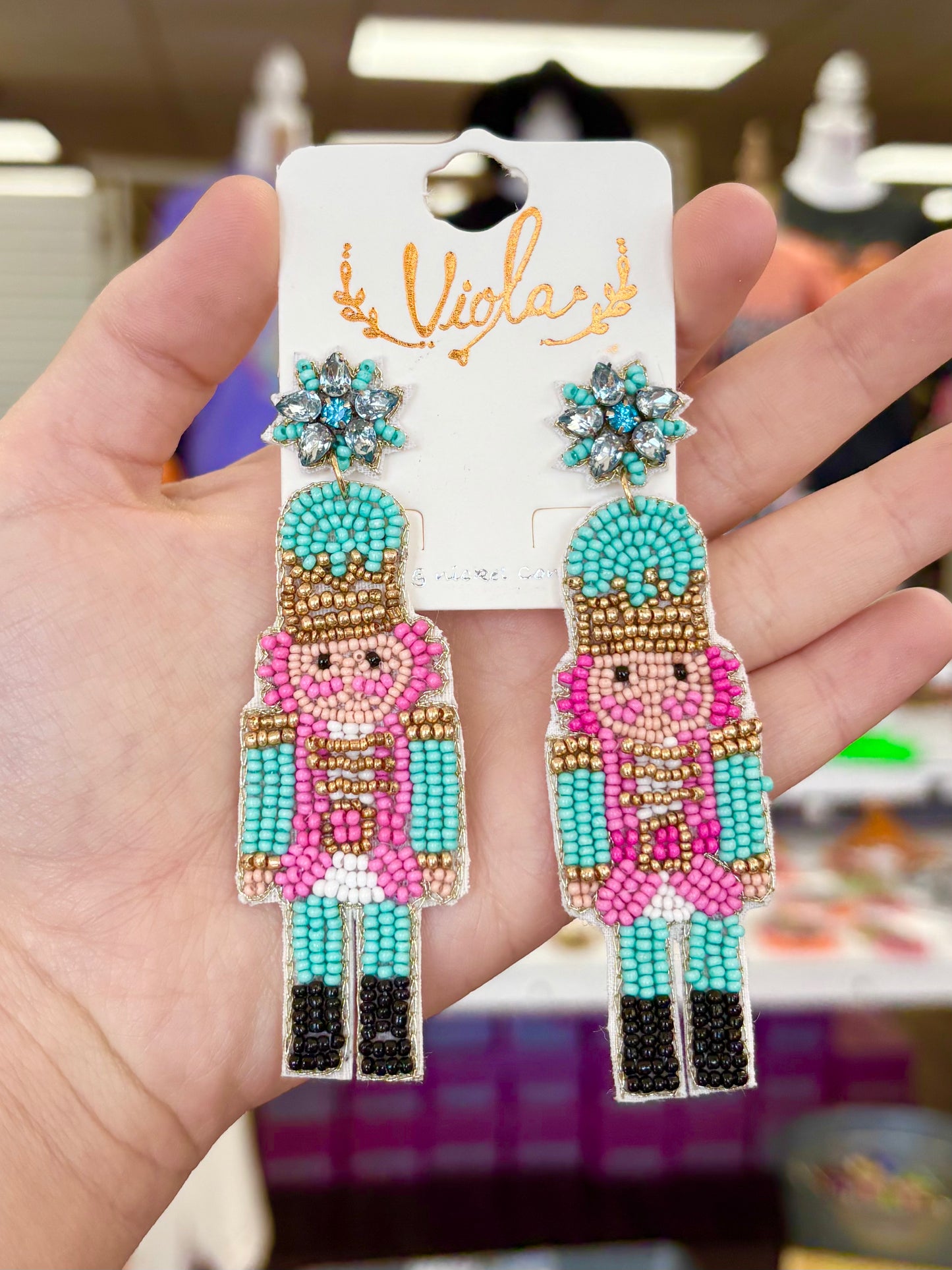 KK Pink/Blue Beaded Nutcracker Earrings