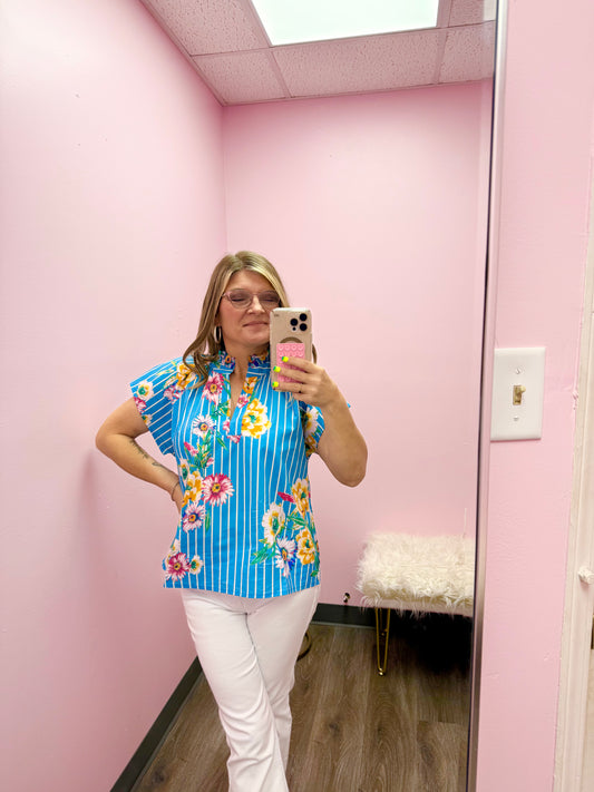 Women’s Entro Blue Striped Floral Top