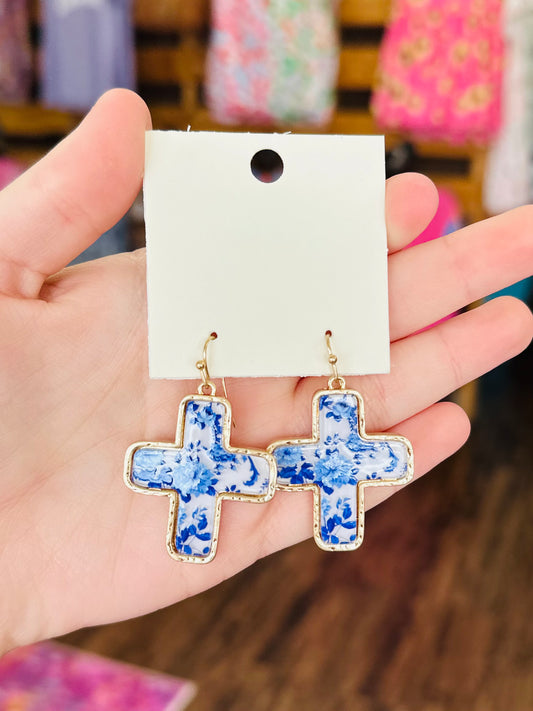 Blue Floral And Gold Cross Earrings