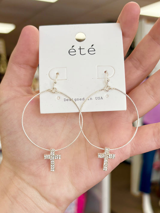 KK Simple Silver Rhinestone Cross Hoops
