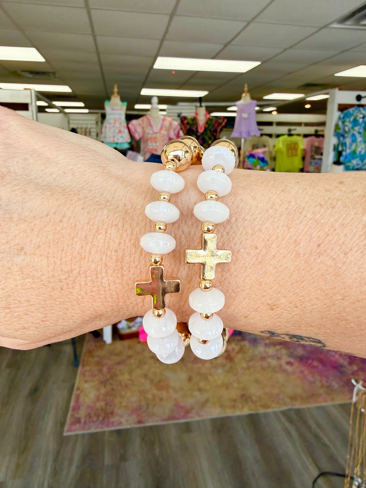 Gold & White Cross Beaded Bracelet