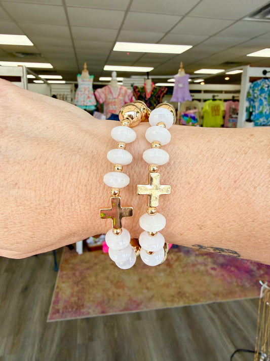 Gold & White Cross Beaded Bracelet
