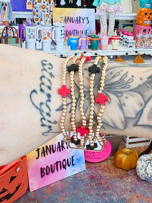 KK Gold Beaded Red & Black Cross Accent Bracelet Set