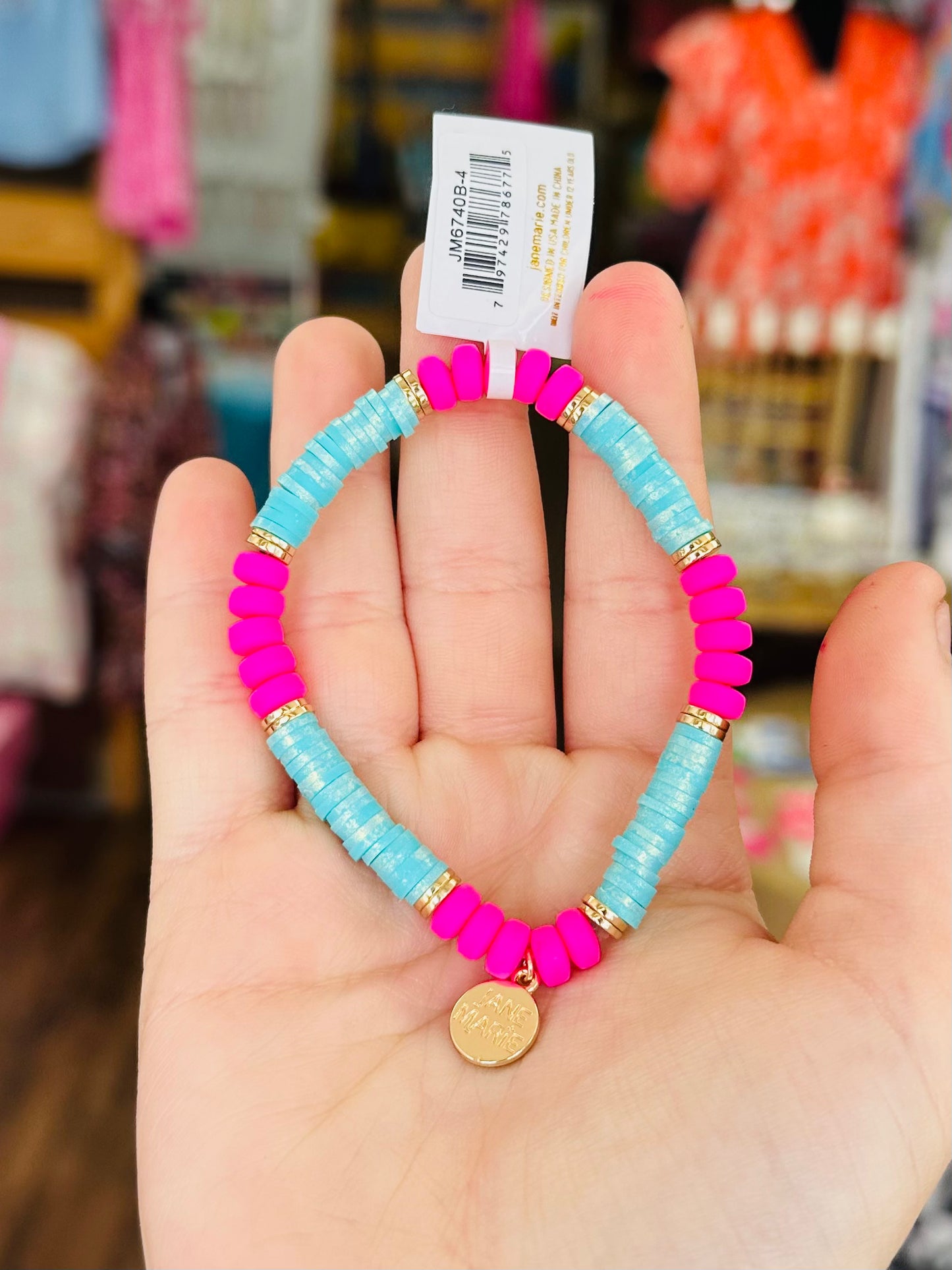 KK Jane Marie Pink, Tq Beaded Stretch Bracelet with Gold Spacers