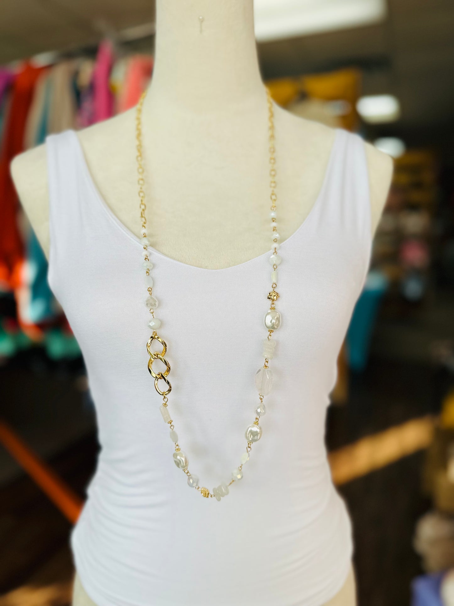 KK Gold and White Stone and Pearl Long Beaded Necklace