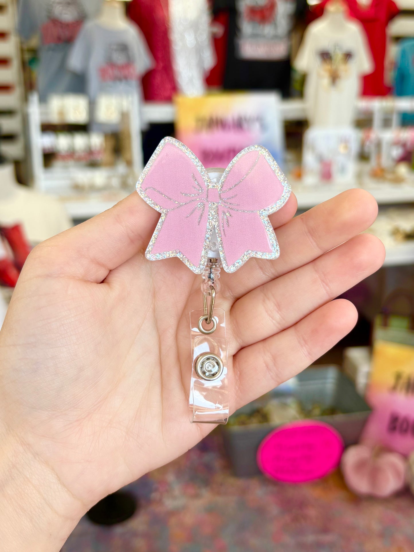 KK Silver And Pink Bow Badge Reel