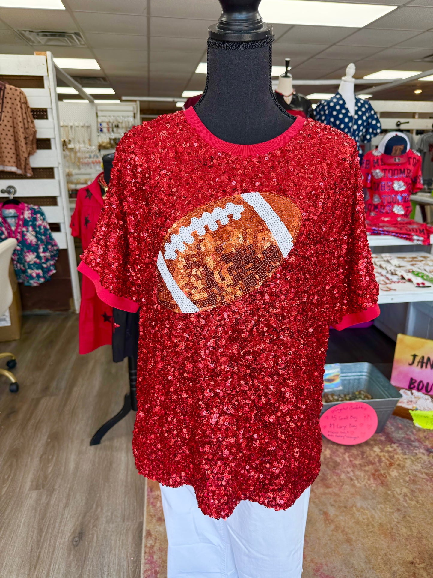 Women’s Red Sequin Football Top