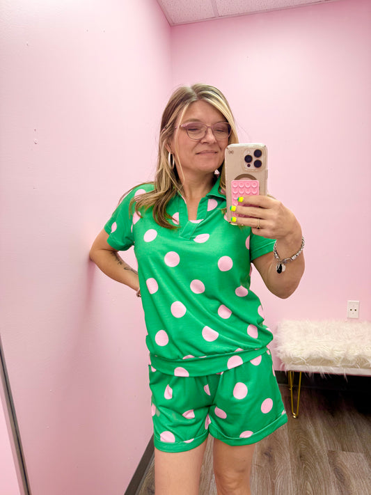 Women’s Green & Pink Polka Dot Shorts Set
