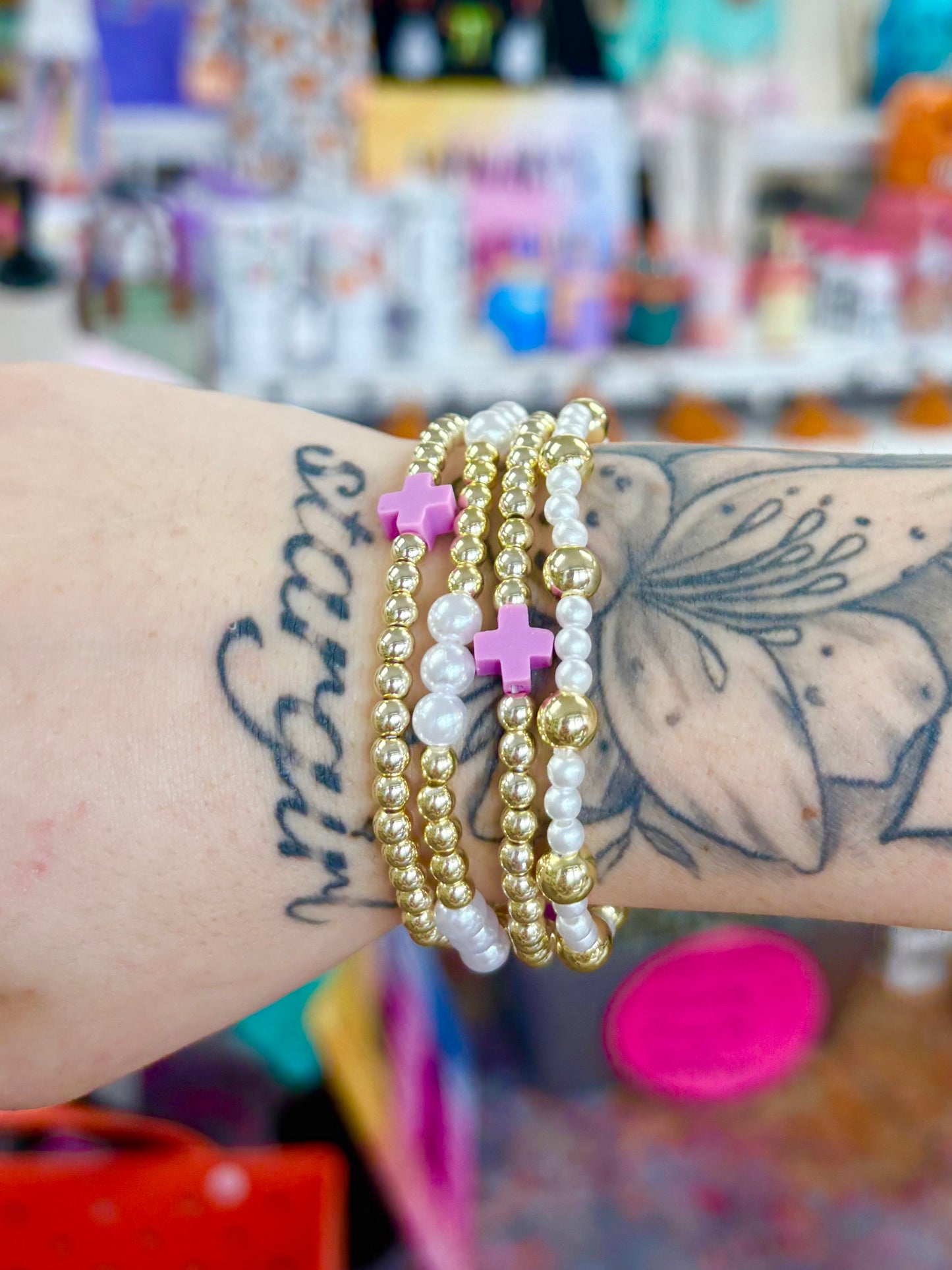 KK Gold & Pearl Purple Cross Bracelet Set