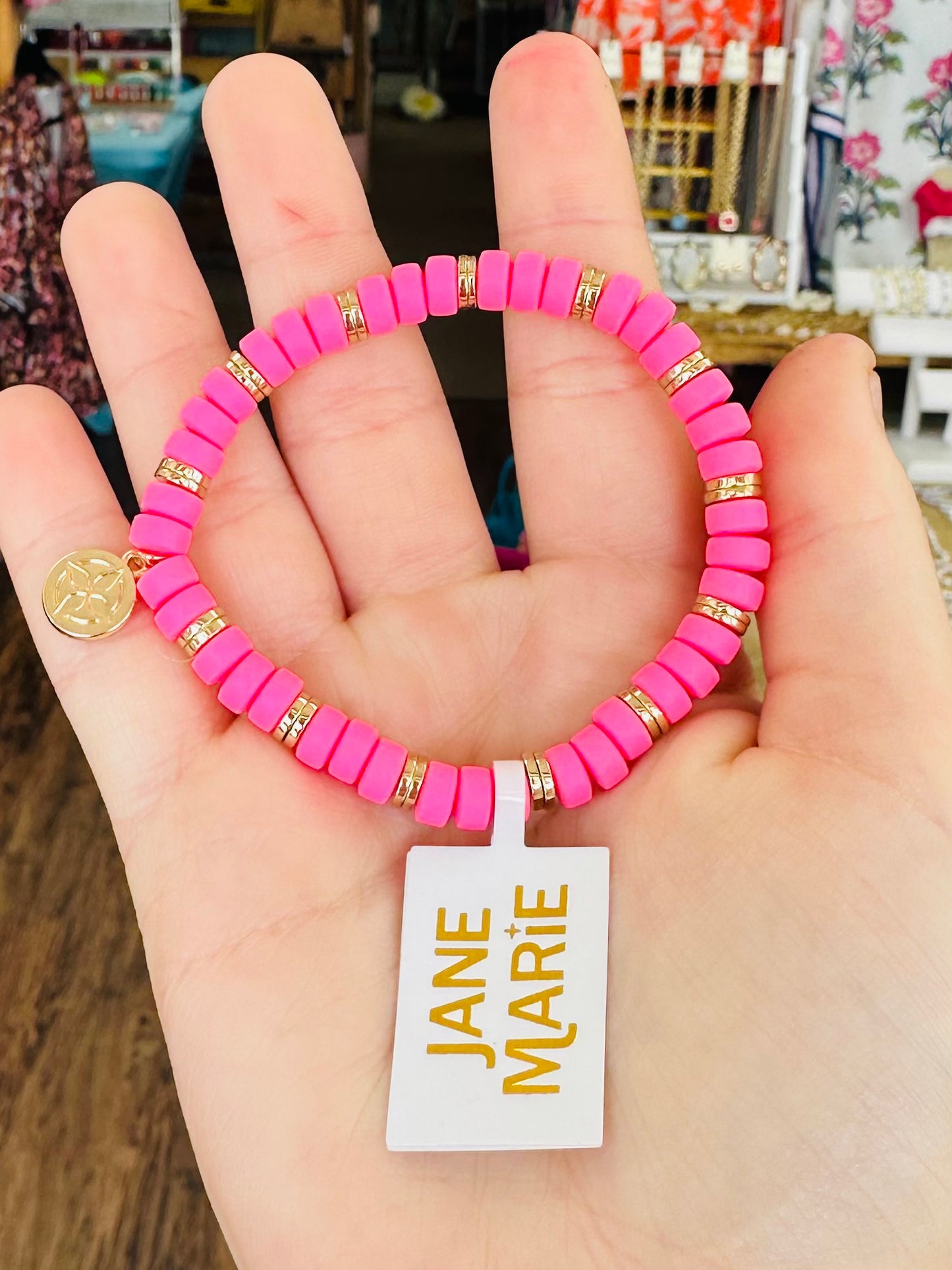 KK Jane Marie Hot Pink Rubber Beaded Bracelet with Gold Spacers