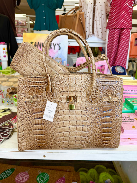 Beige Imitation Gator Bag with Wallet