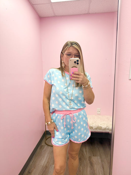 Women’s Pink & Blue Polka Dot Shorts Set