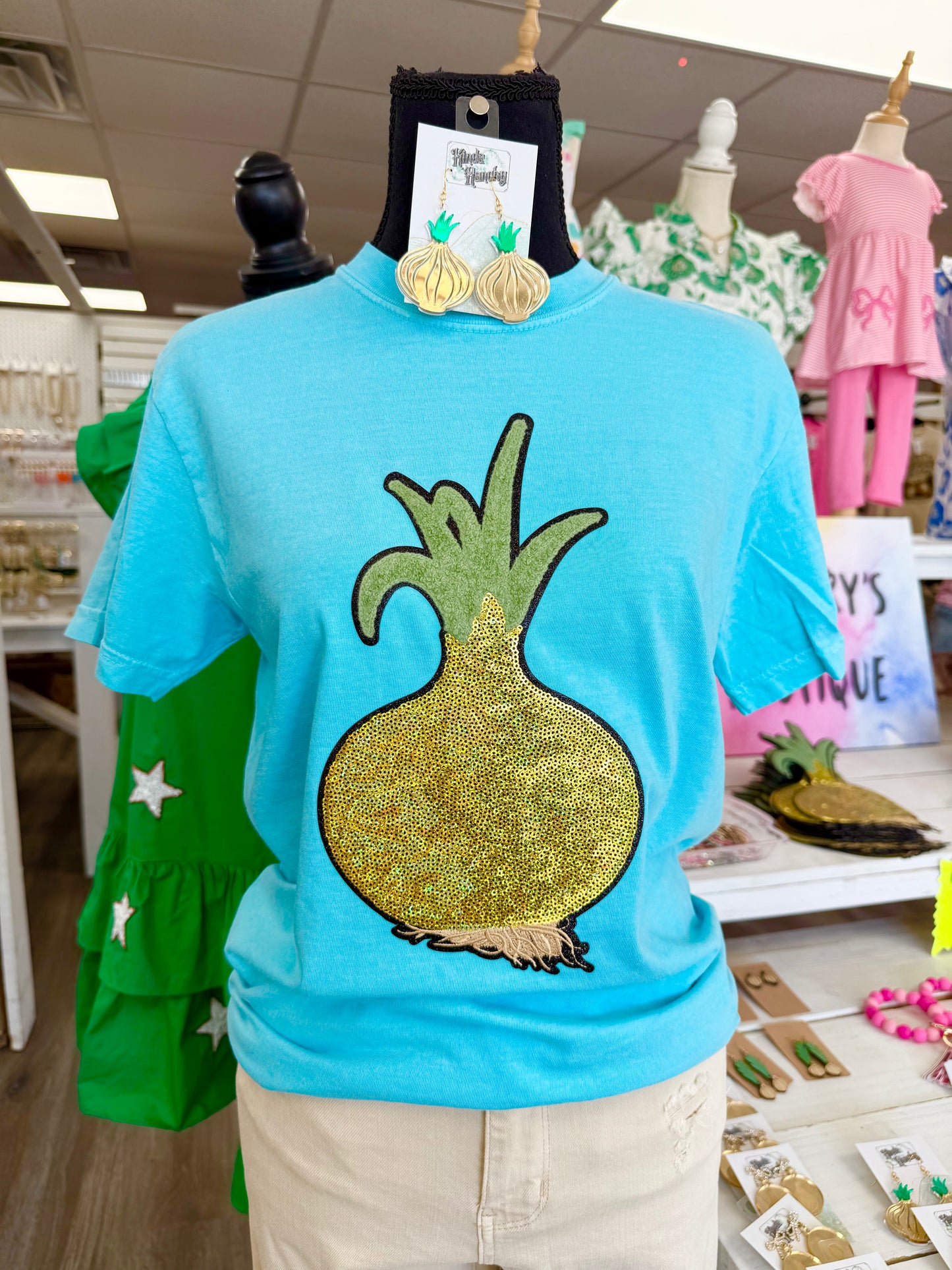 Women’s Lagoon Blue Sequin Onion Patch T-shirt