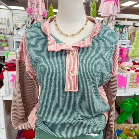 Women’s Green & Pink Colorblock Top