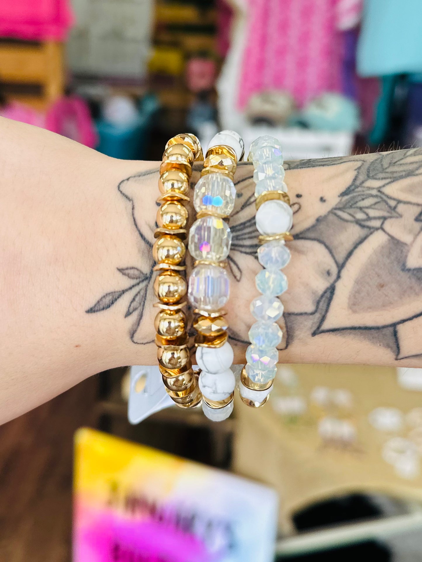 KK Gold and White Multi Layered Beaded Stretch Bracelet