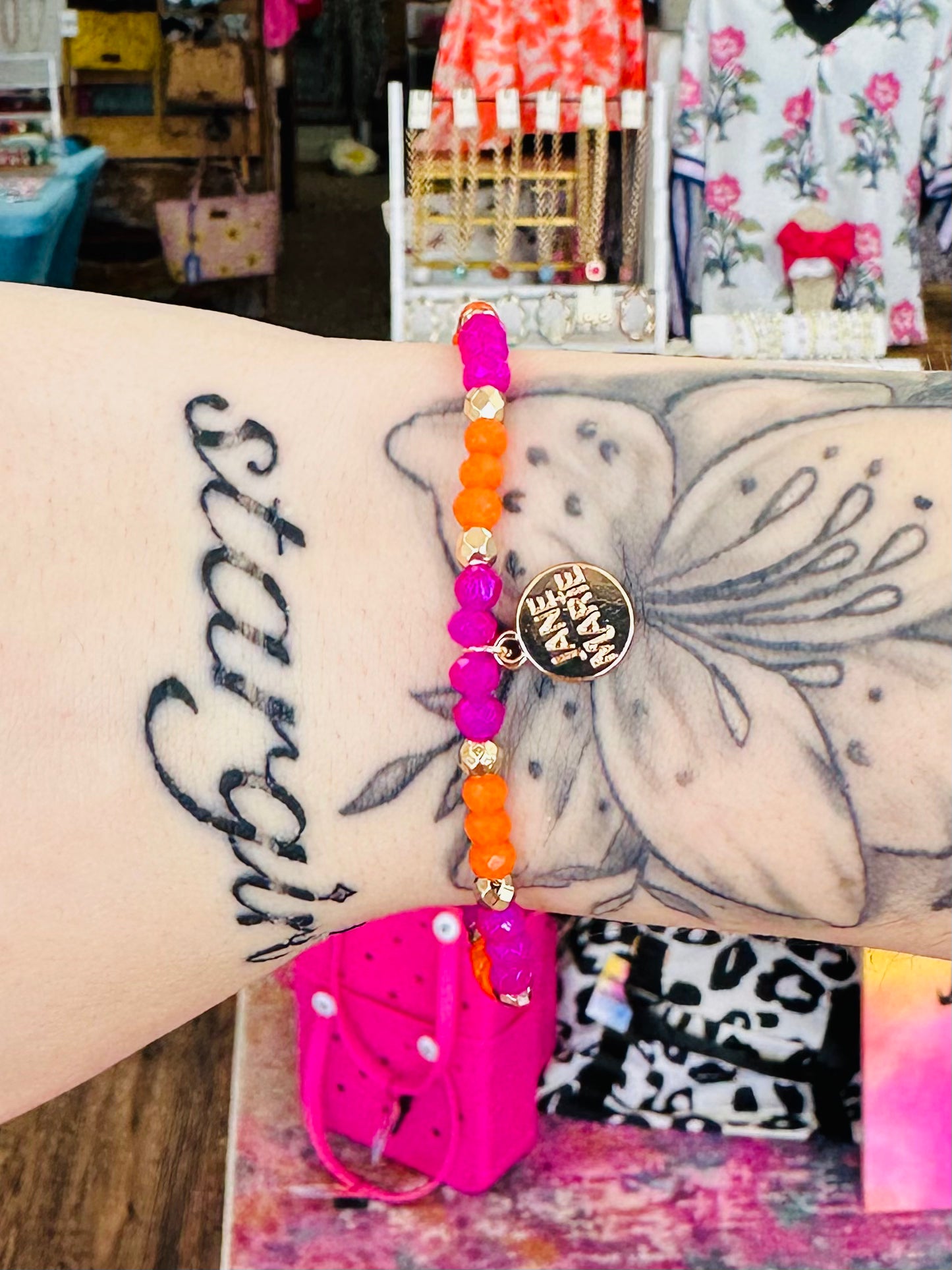 KK Jane Marie Orange, Pink Faceted Bracelet with Gold Spacers