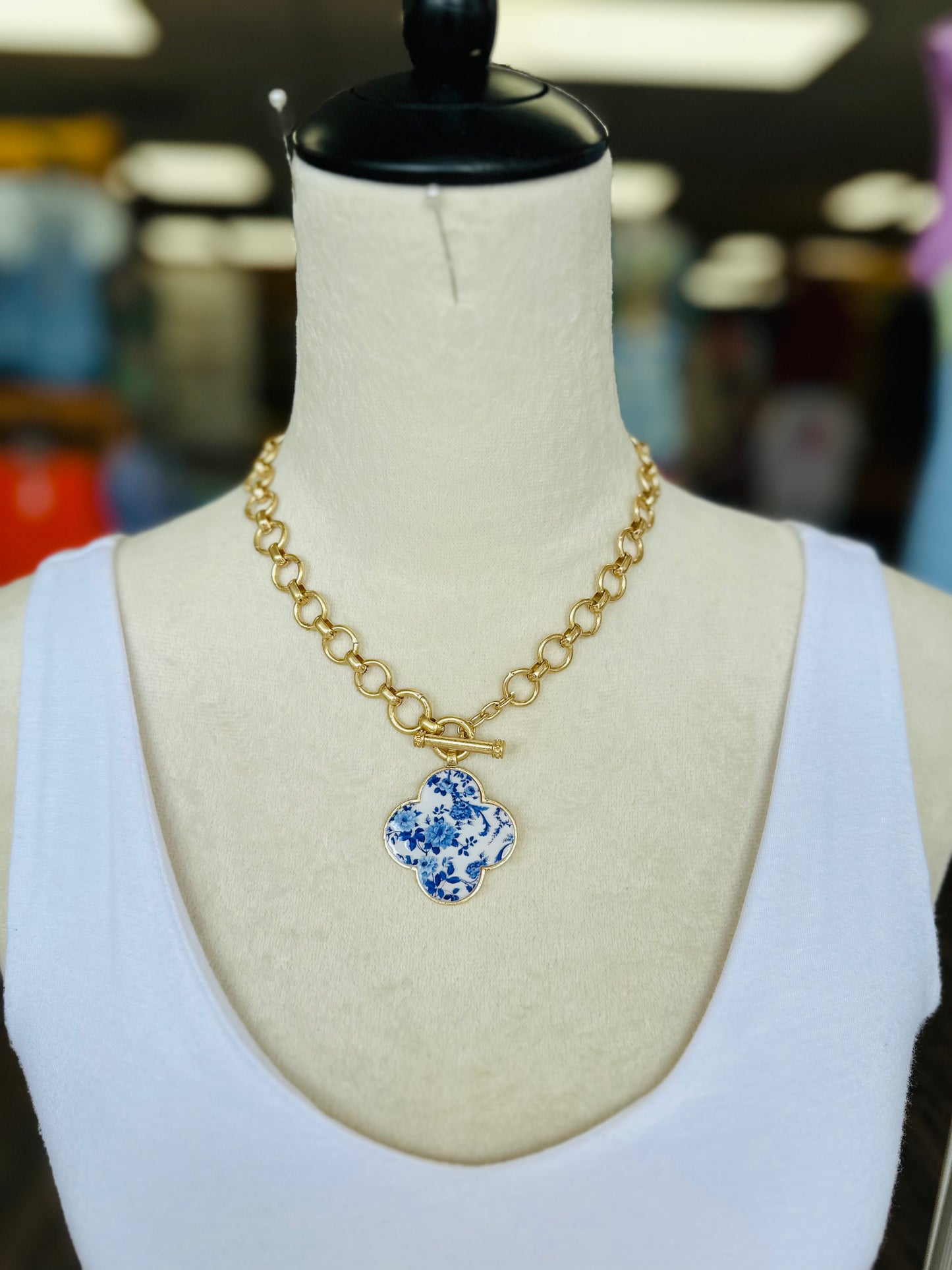 Blue Floral And Gold Clover Toggle Necklace