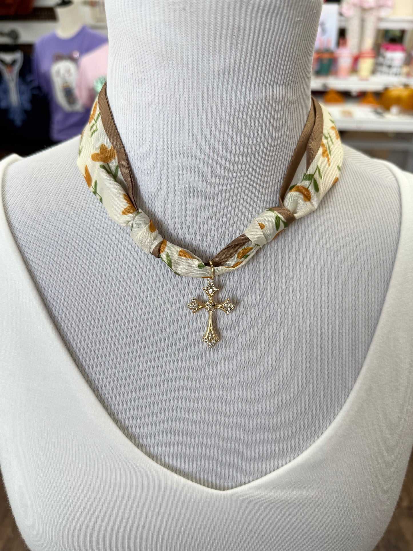 Neutral Floral Scarf Necklace