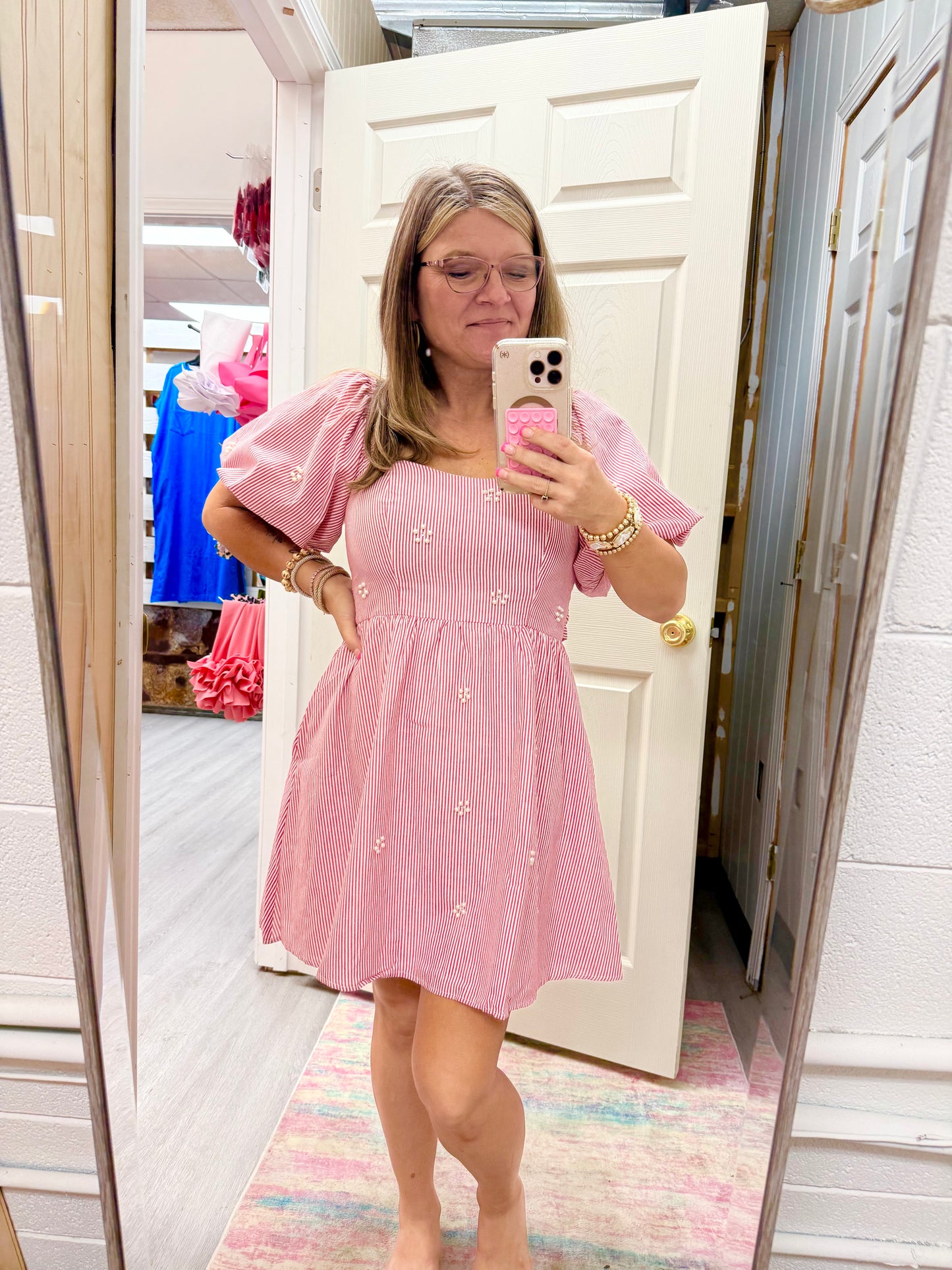 Women’s Peach Love Red & White Striped With Pearls Dress