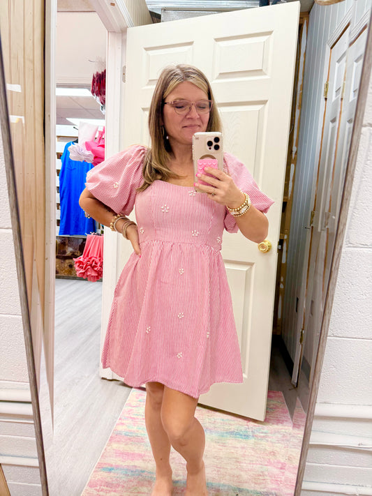 Women’s Peach Love Red & White Striped With Pearls Dress