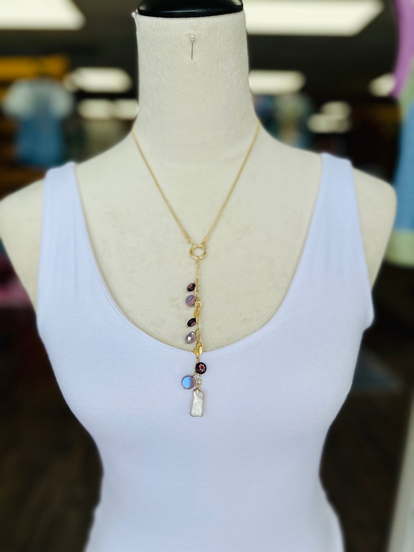 Purple Y-Shaped Stone/Pearl Necklace