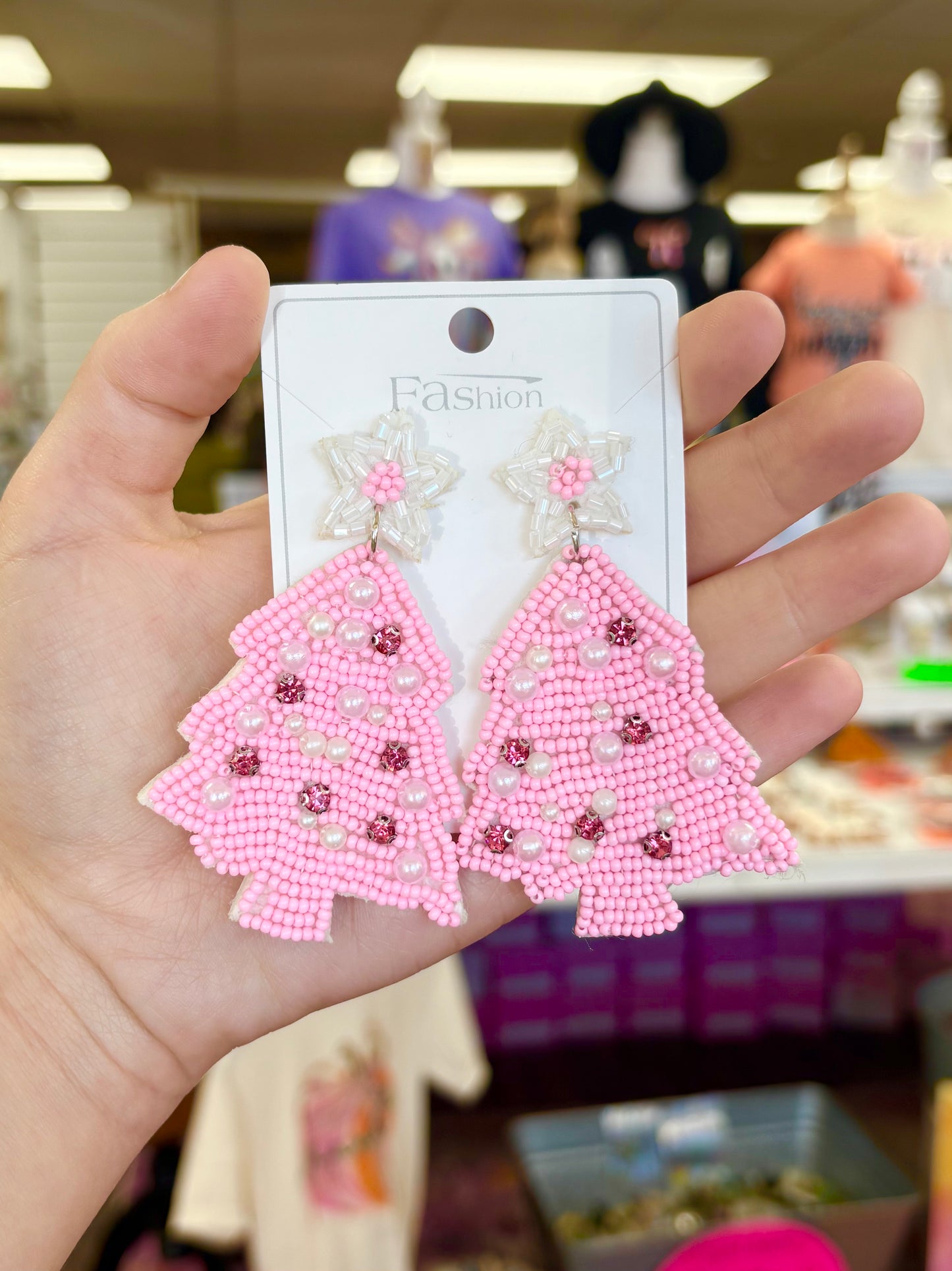 KK Beaded Pink/White Tree Earrings