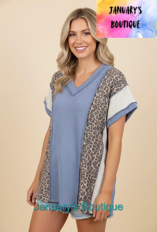 Women’s Denim Leopard Color Block Ribbed Top