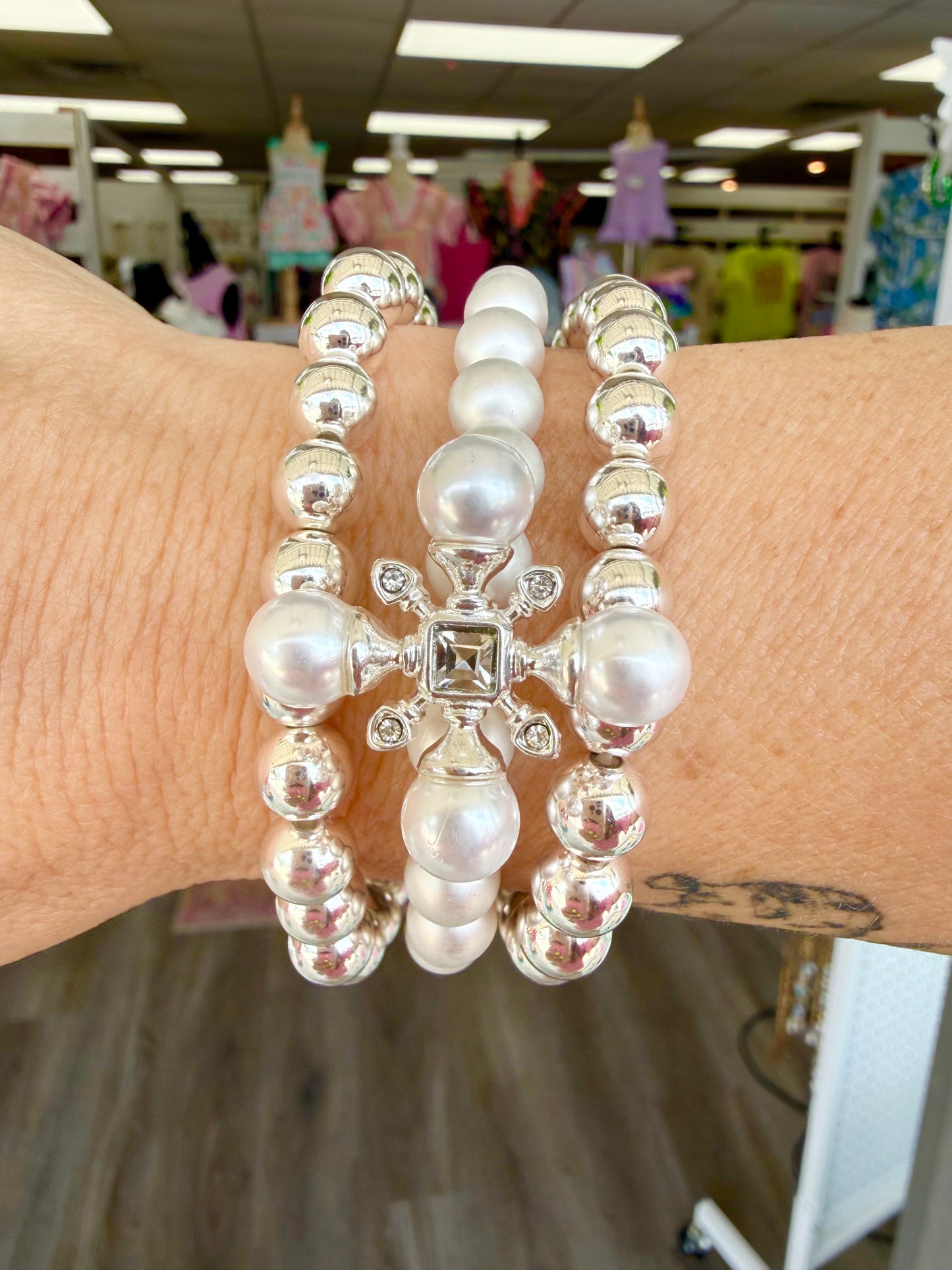 Silver & Pearls Stacked Bracelet Set