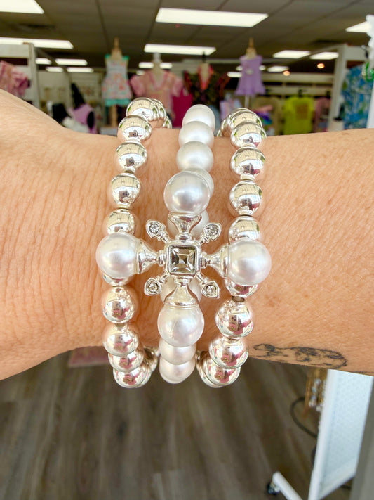 Silver & Pearls Stacked Bracelet Set