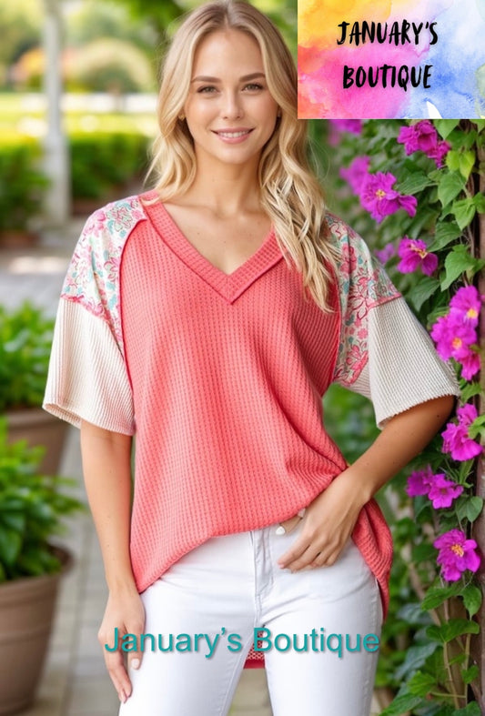 Women’s Plus Coral Floral Waffle Top