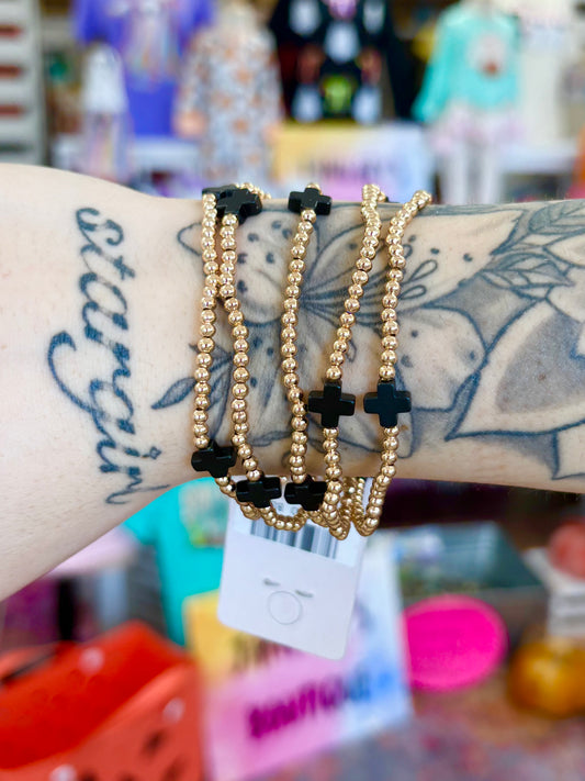 KK Gold Beaded Black Cross Accent Bracelet Set
