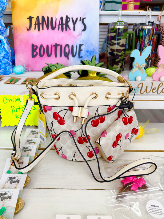 White Cherries Bucket Bag With Wallet
