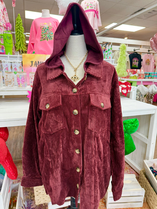 Women’s Burgundy Corduroy Hooded Shacket
