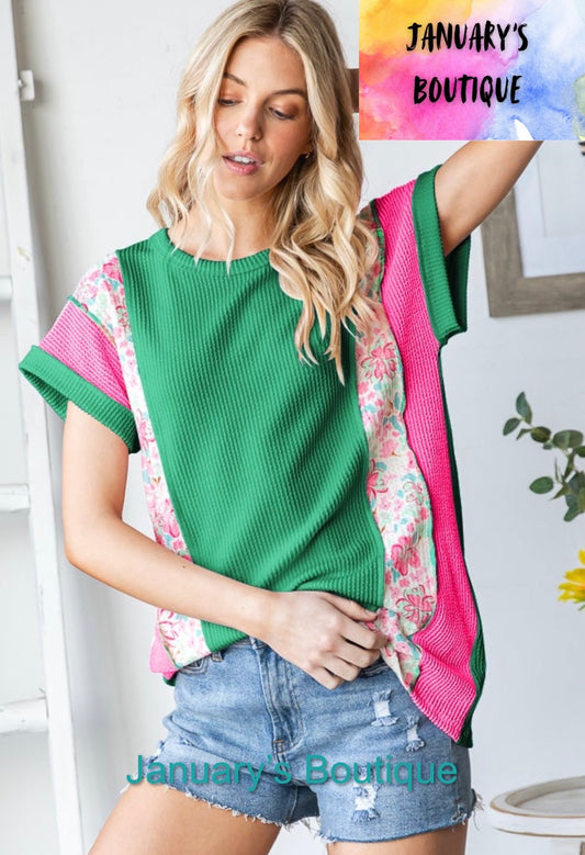 Women’s Plus Green Color Block Ribbed Top