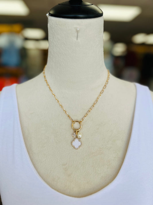 KK White Rhinestone/Pearl Clover Necklace