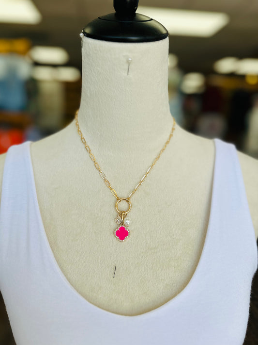 KK Hot Pink Rhinestone/Pearl Clover Necklace