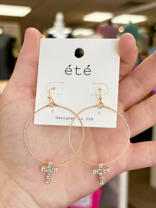 KK Simple Gold Rhinestone Cross Hoops