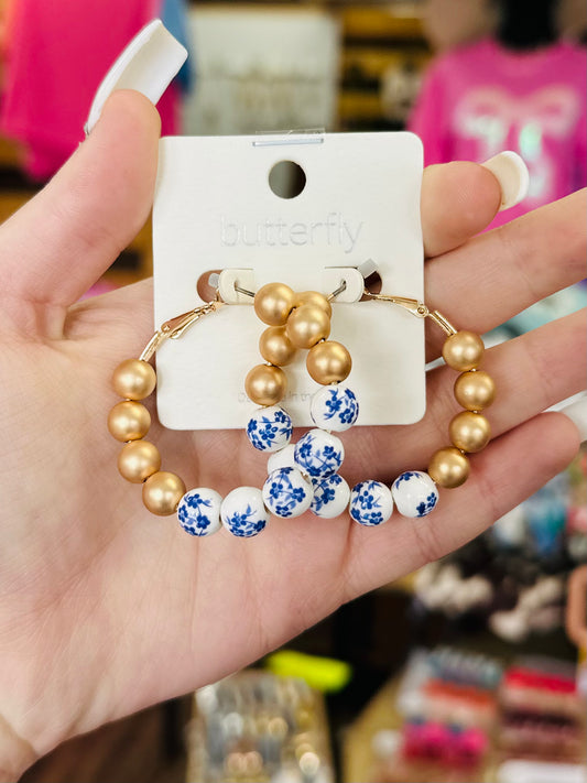 Gold and Blue Floral Beaded Hoop Earrings