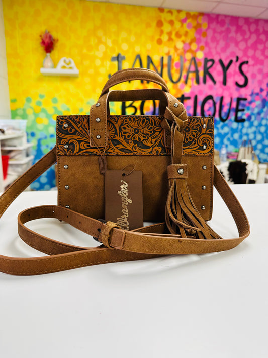Wrangler Brown Tooled Tote Crossbody Bag