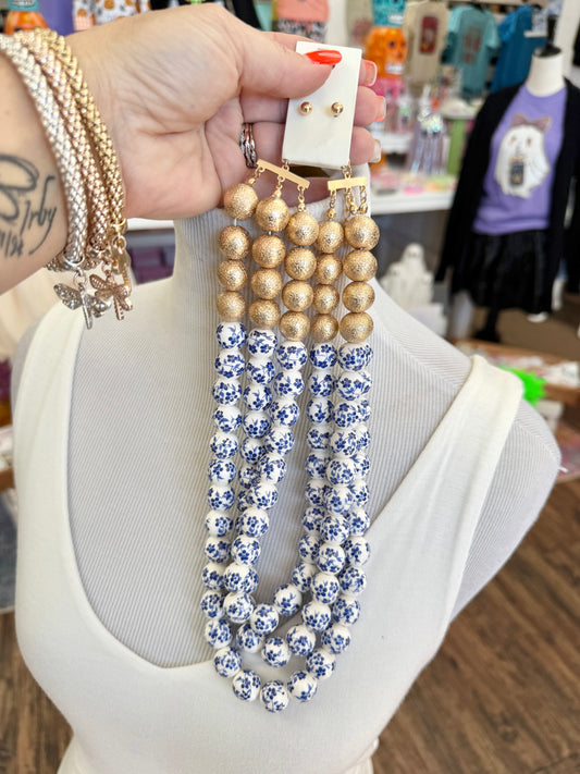 Blue Floral 3 Row Beaded Necklace