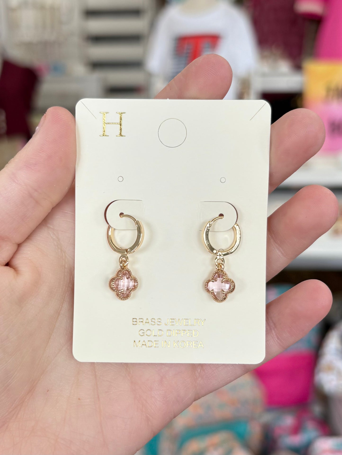 KK Pink And Gold Clover Dangle Earrings