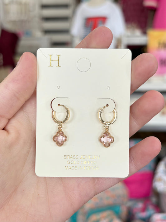 KK Pink And Gold Clover Dangle Earrings