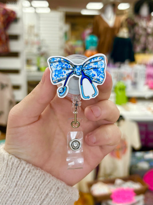 KK Blue Floral Bow Badge Reel