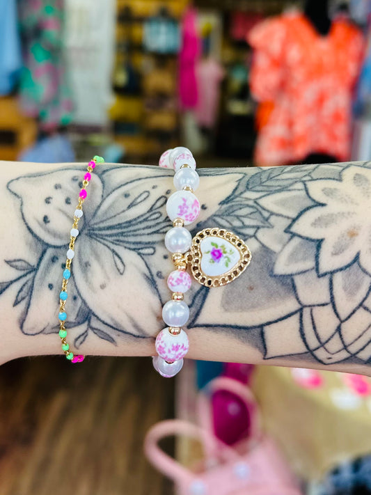KK Pink Ceramic Porcelain Pearl Mix Heart Bracelet