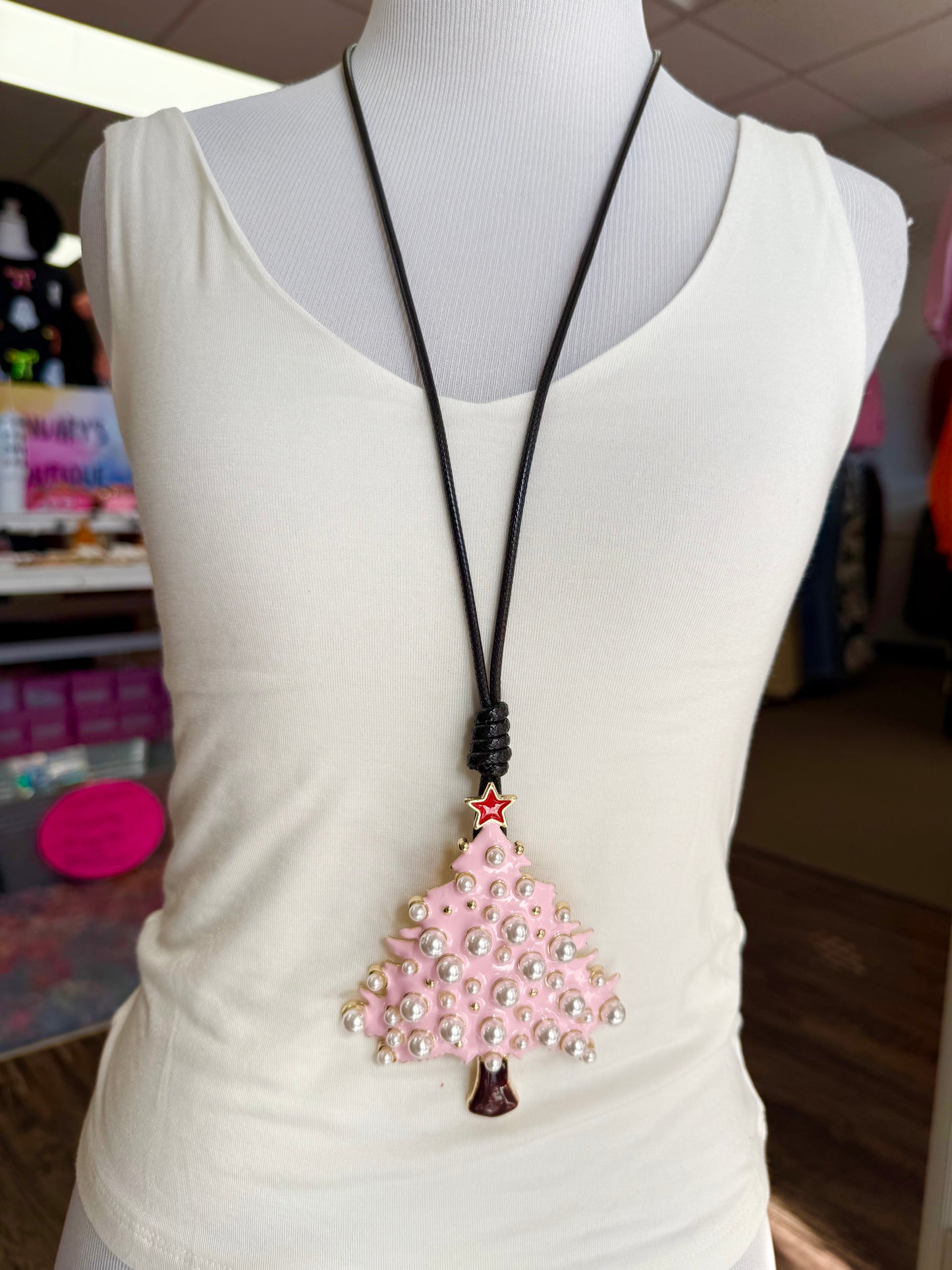 Pink Christmas Tree Necklace